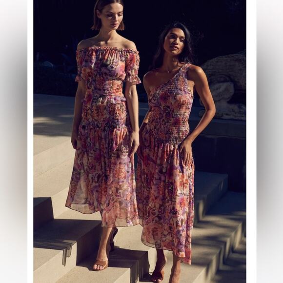 misa los angeles lydia one shoulder floral print smoked bodice asymmetric dress - Picture 8 of 11